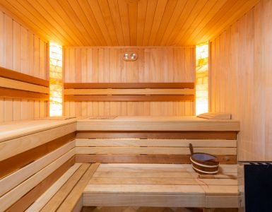 an empty wooden sauna